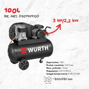 Wurth kompresor klipni 100l - 330l/min