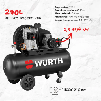 Wurth kompresor klipni 270l - 640l/min