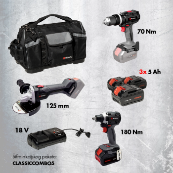 Bušilica + Brusilica + Udarni 180Nm + 3x5Ah